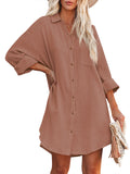 LC6113665-17-S, LC6113665-17-M, LC6113665-17-L, LC6113665-17-XL, Brown Women's V Neck Long Sleeve Shirt Dress Button Down Tunic Top Casual Blouse