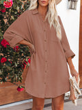 LC6113665-17-S, LC6113665-17-M, LC6113665-17-L, LC6113665-17-XL, Brown Women's V Neck Long Sleeve Shirt Dress Button Down Tunic Top Casual Blouse