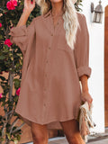 LC6113665-17-S, LC6113665-17-M, LC6113665-17-L, LC6113665-17-XL, Brown Women's V Neck Long Sleeve Shirt Dress Button Down Tunic Top Casual Blouse