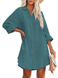 LC6113665-109-S, LC6113665-109-M, LC6113665-109-L, LC6113665-109-XL, Green Women's V Neck Long Sleeve Shirt Dress Button Down Tunic Top Casual Blouse