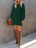 LC273345-9-S, LC273345-9-M, LC273345-9-L, LC273345-9-XL, Green Women Casual Turtleneck Oversized Sweater Dresses Ribbed Baggy Pullover Knit Dress