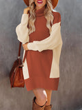 LC273345-2017-S, LC273345-2017-M, LC273345-2017-L, LC273345-2017-XL, Brown Women Casual Turtleneck Oversized Sweater Dresses Ribbed Baggy Pullover Knit Dress