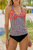 LC413090-22-S, LC413090-22-M, LC413090-22-L, LC413090-22-XL, LC413090-22-2XL, Multicolor Floral Leopard Halter Tankini Set Bathing Suit Swimwear