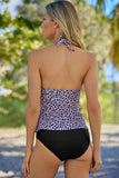 LC413090-22-S, LC413090-22-M, LC413090-22-L, LC413090-22-XL, LC413090-22-2XL, Multicolor Floral Leopard Halter Tankini Set Bathing Suit Swimwear