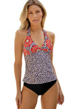 LC413090-22-S, LC413090-22-M, LC413090-22-L, LC413090-22-XL, LC413090-22-2XL, Multicolor Floral Leopard Halter Tankini Set Bathing Suit Swimwear
