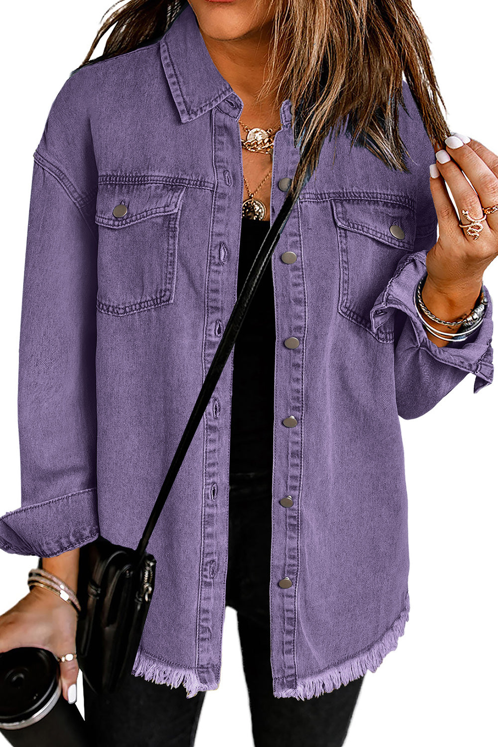 LC8511377-8-S, LC8511377-8-M, LC8511377-8-L, LC8511377-8-XL, LC8511377-8-2XL, Purple Women’s Oversized Shacket Pocket Long Boyfriend Raw Hem Button Jacket