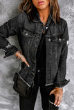 LC8511504-2-S, LC8511504-2-M, LC8511504-2-L, LC8511504-2-XL, LC8511504-2-2XL, Black Women's Jean Jacket Long Sleeve Lapel Distressed Raw Hem Buttons Denim Coat