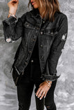 LC8511504-2-S, LC8511504-2-M, LC8511504-2-L, LC8511504-2-XL, LC8511504-2-2XL, Black Women's Jean Jacket Long Sleeve Lapel Distressed Raw Hem Buttons Denim Coat