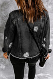 LC8511504-2-S, LC8511504-2-M, LC8511504-2-L, LC8511504-2-XL, LC8511504-2-2XL, Black Women's Jean Jacket Long Sleeve Lapel Distressed Raw Hem Buttons Denim Coat