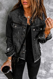 LC8511504-2-S, LC8511504-2-M, LC8511504-2-L, LC8511504-2-XL, LC8511504-2-2XL, Black Women's Jean Jacket Long Sleeve Lapel Distressed Raw Hem Buttons Denim Coat