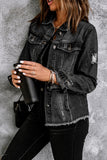 LC8511504-2-S, LC8511504-2-M, LC8511504-2-L, LC8511504-2-XL, LC8511504-2-2XL, Black Women's Jean Jacket Long Sleeve Lapel Distressed Raw Hem Buttons Denim Coat