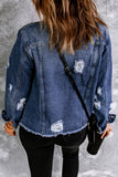 LC8511504-5-S, LC8511504-5-M, LC8511504-5-L, LC8511504-5-XL, LC8511504-5-2XL, Blue Women's Jean Jacket Long Sleeve Lapel Distressed Raw Hem Buttons Denim Coat