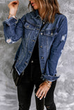 LC8511504-5-S, LC8511504-5-M, LC8511504-5-L, LC8511504-5-XL, LC8511504-5-2XL, Blue Women's Jean Jacket Long Sleeve Lapel Distressed Raw Hem Buttons Denim Coat