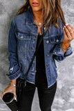 LC8511504-5-S, LC8511504-5-M, LC8511504-5-L, LC8511504-5-XL, LC8511504-5-2XL, Blue Women's Jean Jacket Long Sleeve Lapel Distressed Raw Hem Buttons Denim Coat