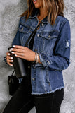 LC8511504-5-S, LC8511504-5-M, LC8511504-5-L, LC8511504-5-XL, LC8511504-5-2XL, Blue Women's Jean Jacket Long Sleeve Lapel Distressed Raw Hem Buttons Denim Coat