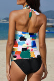 LC413090-1022-S, LC413090-1022-M, LC413090-1022-L, LC413090-1022-XL, LC413090-1022-2XL, Multicolor Floral Leopard Halter Tankini Set Bathing Suit Swimwear