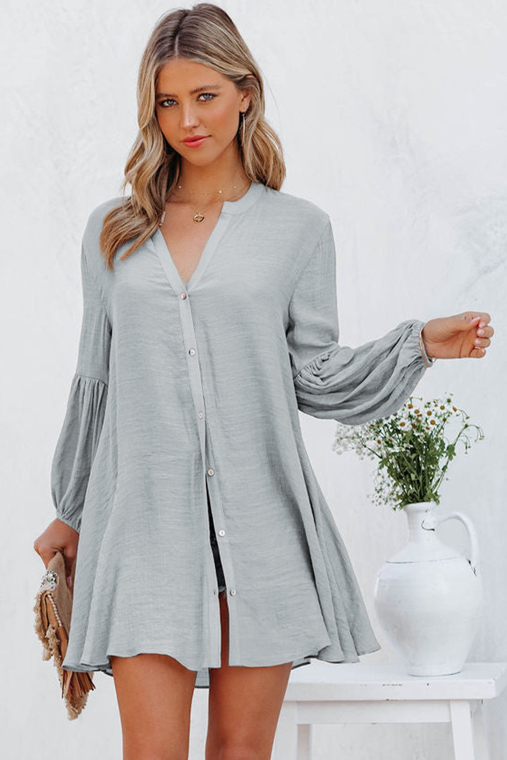 LC2552553-11-S, LC2552553-11-M, LC2552553-11-L, LC2552553-11-XL, LC2552553-11-2XL, Gray Womens Long Sleeve Oversized Blouses Tops Button Up Bishop Sleeve Shirt