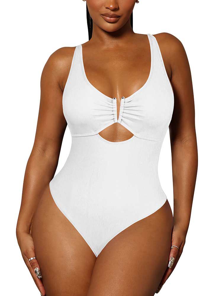 LC443488-1-S, LC443488-1-M, LC443488-1-L, LC443488-1-XL, White Women's One Piece Swimsuit Tummy Control Cutout High Cut Bathing Suit