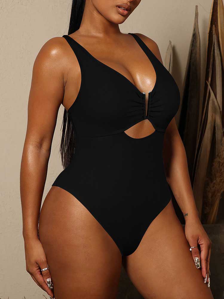 LC443488-2-S, LC443488-2-M, LC443488-2-L, LC443488-2-XL, Black Women's One Piece Swimsuit Tummy Control Cutout High Cut Bathing Suit