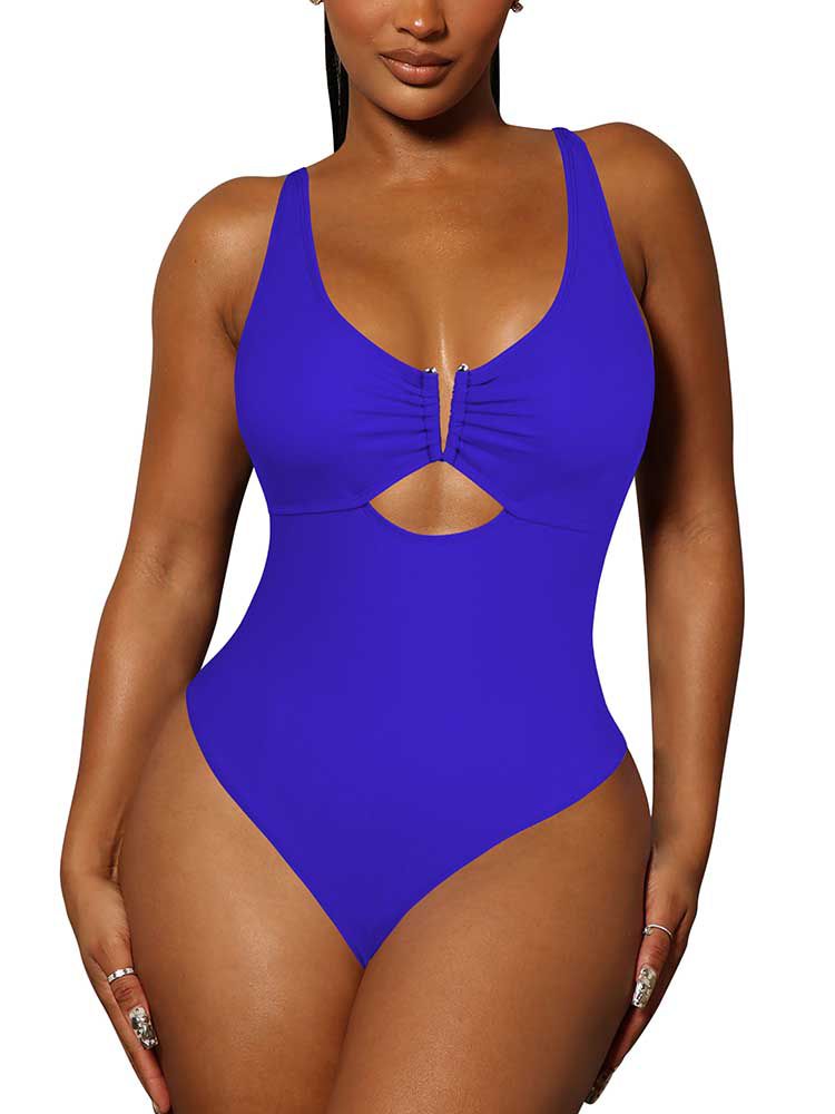 LC443488-5-S, LC443488-5-M, LC443488-5-L, LC443488-5-XL, Blue Women's One Piece Swimsuit Tummy Control Cutout High Cut Bathing Suit