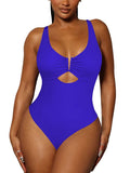 LC443488-5-S, LC443488-5-M, LC443488-5-L, LC443488-5-XL, Blue Women's One Piece Swimsuit Tummy Control Cutout High Cut Bathing Suit