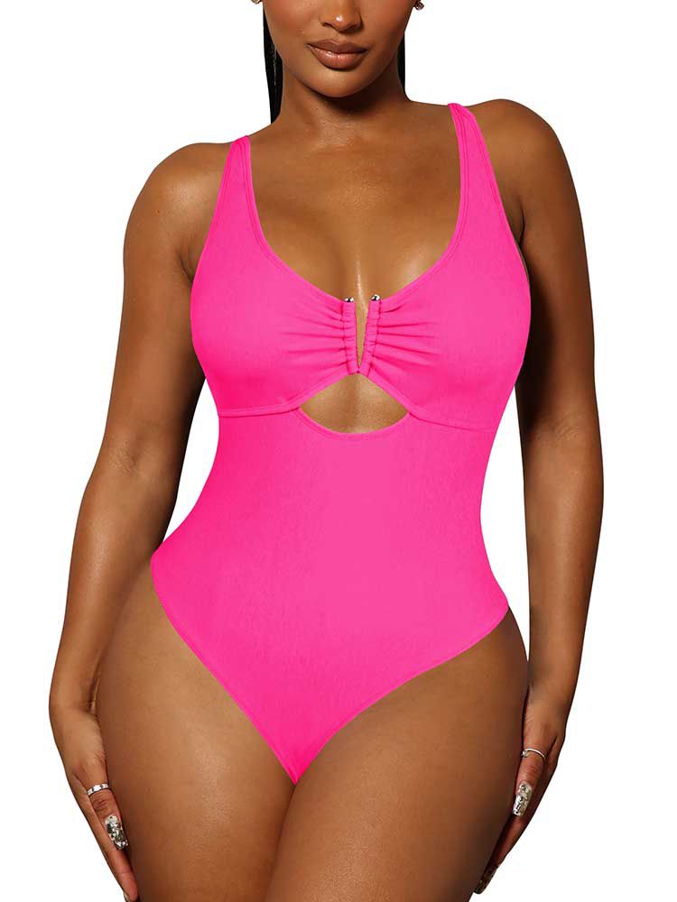 LC443488-6-S, LC443488-6-M, LC443488-6-L, LC443488-6-XL, Rose Women's One Piece Swimsuit Tummy Control Cutout High Cut Bathing Suit