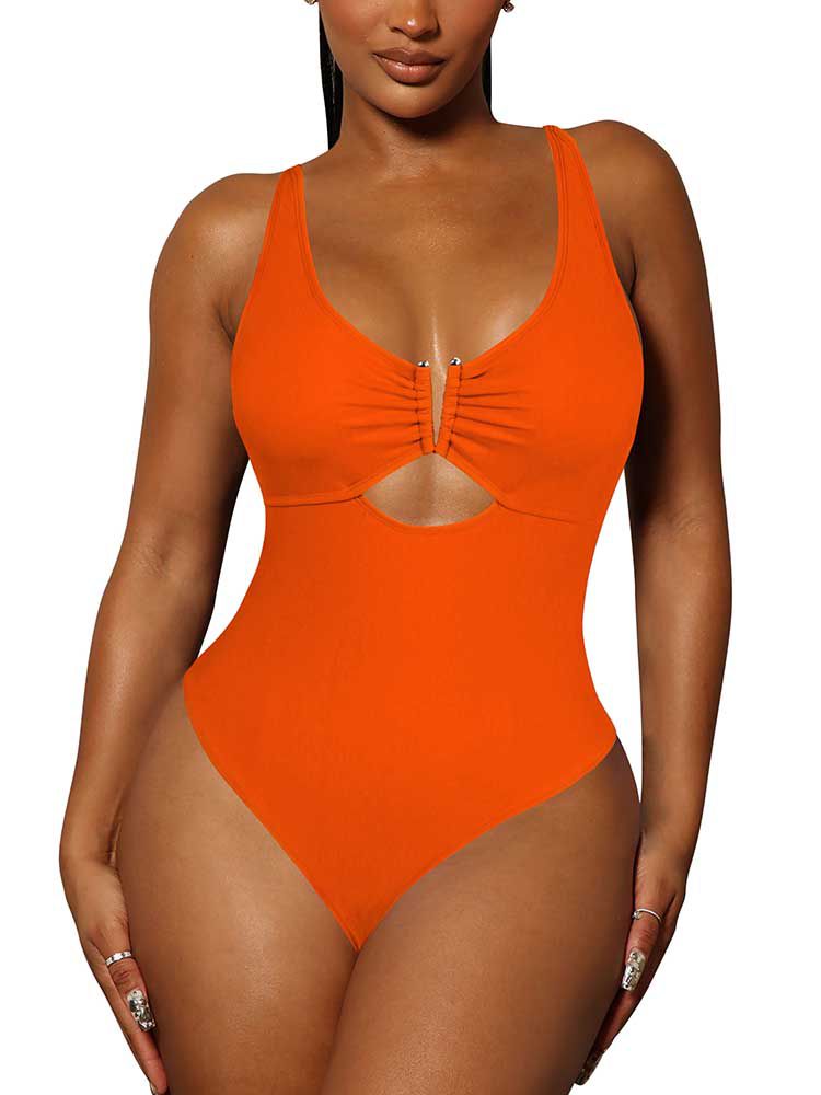 LC443488-14-S, LC443488-14-M, LC443488-14-L, LC443488-14-XL, Orange Women's One Piece Swimsuit Tummy Control Cutout High Cut Bathing Suit