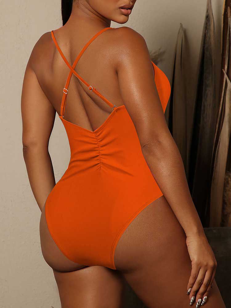 LC443488-14-S, LC443488-14-M, LC443488-14-L, LC443488-14-XL, Orange Women's One Piece Swimsuit Tummy Control Cutout High Cut Bathing Suit