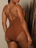 LC443488-17-S, LC443488-17-M, LC443488-17-L, LC443488-17-XL, Brown Women's One Piece Swimsuit Tummy Control Cutout High Cut Bathing Suit