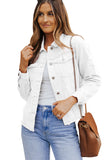 LC8511504-1-S, LC8511504-1-M, LC8511504-1-L, LC8511504-1-XL, LC8511504-1-2XL, White Women's Jean Jacket Long Sleeve Lapel Distressed Raw Hem Buttons Denim Coat