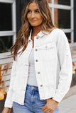 LC8511504-1-S, LC8511504-1-M, LC8511504-1-L, LC8511504-1-XL, LC8511504-1-2XL, White Women's Jean Jacket Long Sleeve Lapel Distressed Raw Hem Buttons Denim Coat