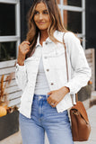 LC8511504-1-S, LC8511504-1-M, LC8511504-1-L, LC8511504-1-XL, LC8511504-1-2XL, White Women's Jean Jacket Long Sleeve Lapel Distressed Raw Hem Buttons Denim Coat