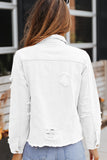 LC8511504-1-S, LC8511504-1-M, LC8511504-1-L, LC8511504-1-XL, LC8511504-1-2XL, White Women's Jean Jacket Long Sleeve Lapel Distressed Raw Hem Buttons Denim Coat