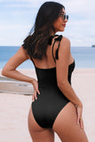 LC443450-2-S, LC443450-2-M, LC443450-2-L, LC443450-2-XL, LC443450-2-2XL, Black Women One Piece Swimsuit Tassel Tie Straps Ribbed Bathing Suit