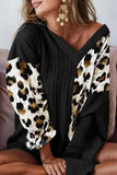 Women’s V Neck Sweater Asymmetric Leopard Patchwork Wide Sleeve Jumper