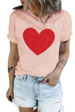 LC25219225-10-S, LC25219225-10-M, LC25219225-10-L, LC25219225-10-XL, LC25219225-10-2XL, Pink Valentine's Day Sequin Heart Graphic Tee Short Sleeve Shirt Tops