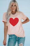 LC25219225-10-S, LC25219225-10-M, LC25219225-10-L, LC25219225-10-XL, LC25219225-10-2XL, Pink Valentine's Day Sequin Heart Graphic Tee Short Sleeve Shirt Tops