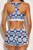 LC415772-5-S, LC415772-5-M, LC415772-5-L, LC415772-5-XL, LC415772-5-2XL, Blue 3 Piece Swimsuits for Women Printed Sporty Racerback Tankini Swimsuit