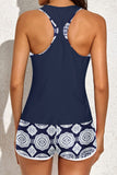 LC415772-5-S, LC415772-5-M, LC415772-5-L, LC415772-5-XL, LC415772-5-2XL, Blue 3 Piece Swimsuits for Women Printed Sporty Racerback Tankini Swimsuit