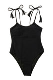 LC443450-2-S, LC443450-2-M, LC443450-2-L, LC443450-2-XL, LC443450-2-2XL, Black Women One Piece Swimsuit Tassel Tie Straps Ribbed Bathing Suit