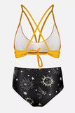 LC433588-7-XS, LC433588-7-S, LC433588-7-M, LC433588-7-L, LC433588-7-XL, Yellow Sun Moon Print Bathing Suits for Women High Waisted Hollow Out Criss-Cross Bikini Set
