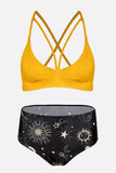 LC433588-7-XS, LC433588-7-S, LC433588-7-M, LC433588-7-L, LC433588-7-XL, Yellow Sun Moon Print Bathing Suits for Women High Waisted Hollow Out Criss-Cross Bikini Set