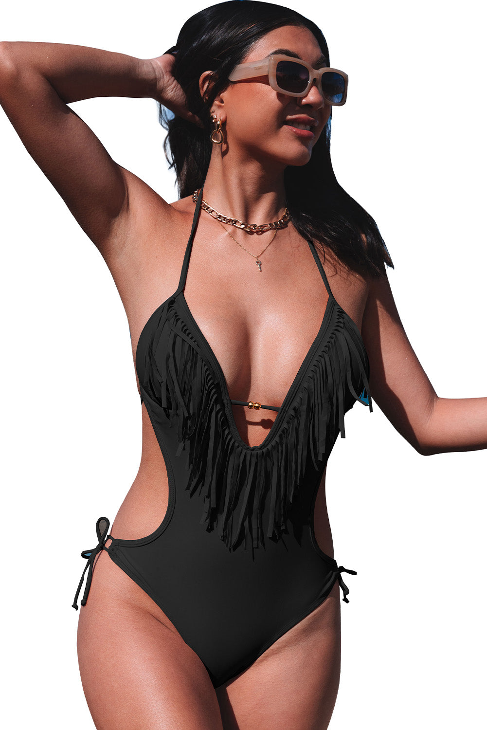LC443432-2-S, LC443432-2-M, LC443432-2-L, LC443432-2-XL, LC443432-2-2XL, Black Tassel One Piece Swimsuits for Women Halter Backless Sexy Swimwear