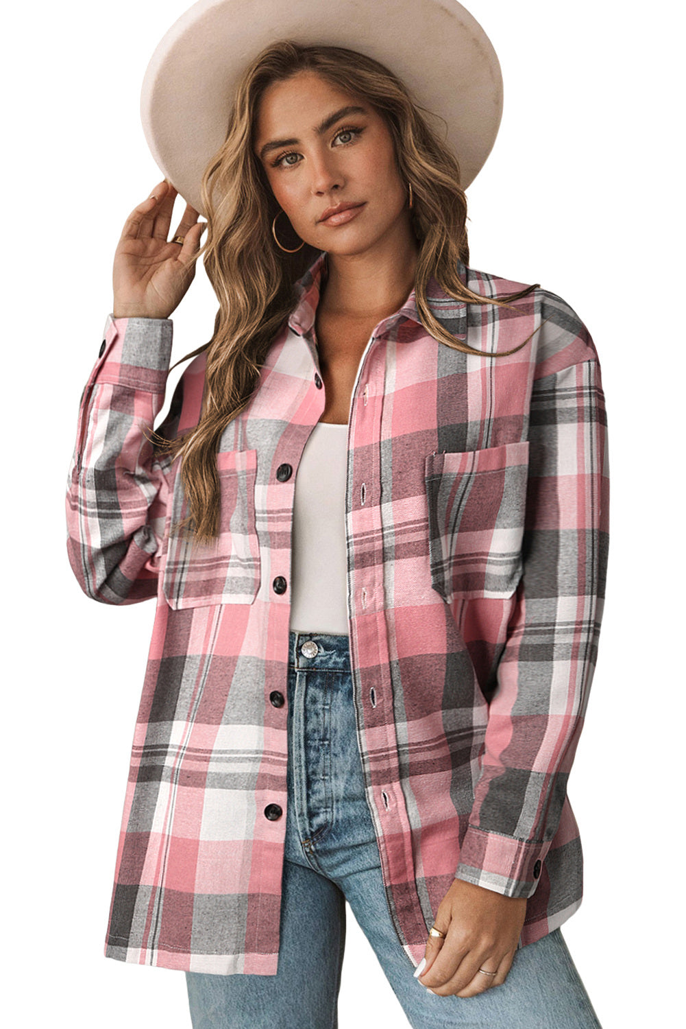 LC2552972-10-S, LC2552972-10-M, LC2552972-10-L, LC2552972-10-XL, LC2552972-10-2XL, Pink Womens Plaid Button Up Patch Pocket Shirt Oversized Tops Jacket