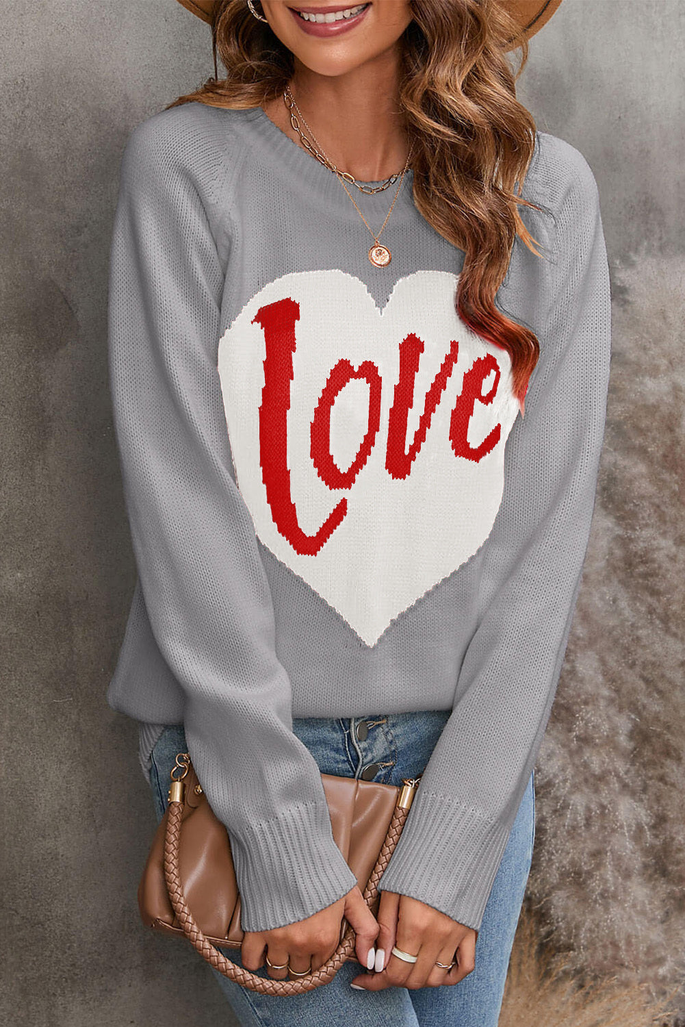 LC2722801-11-S, LC2722801-11-M, LC2722801-11-L, LC2722801-11-XL, Gray Love Heart Graphic Pattern Knit Pullover Sweater for Valentines Day