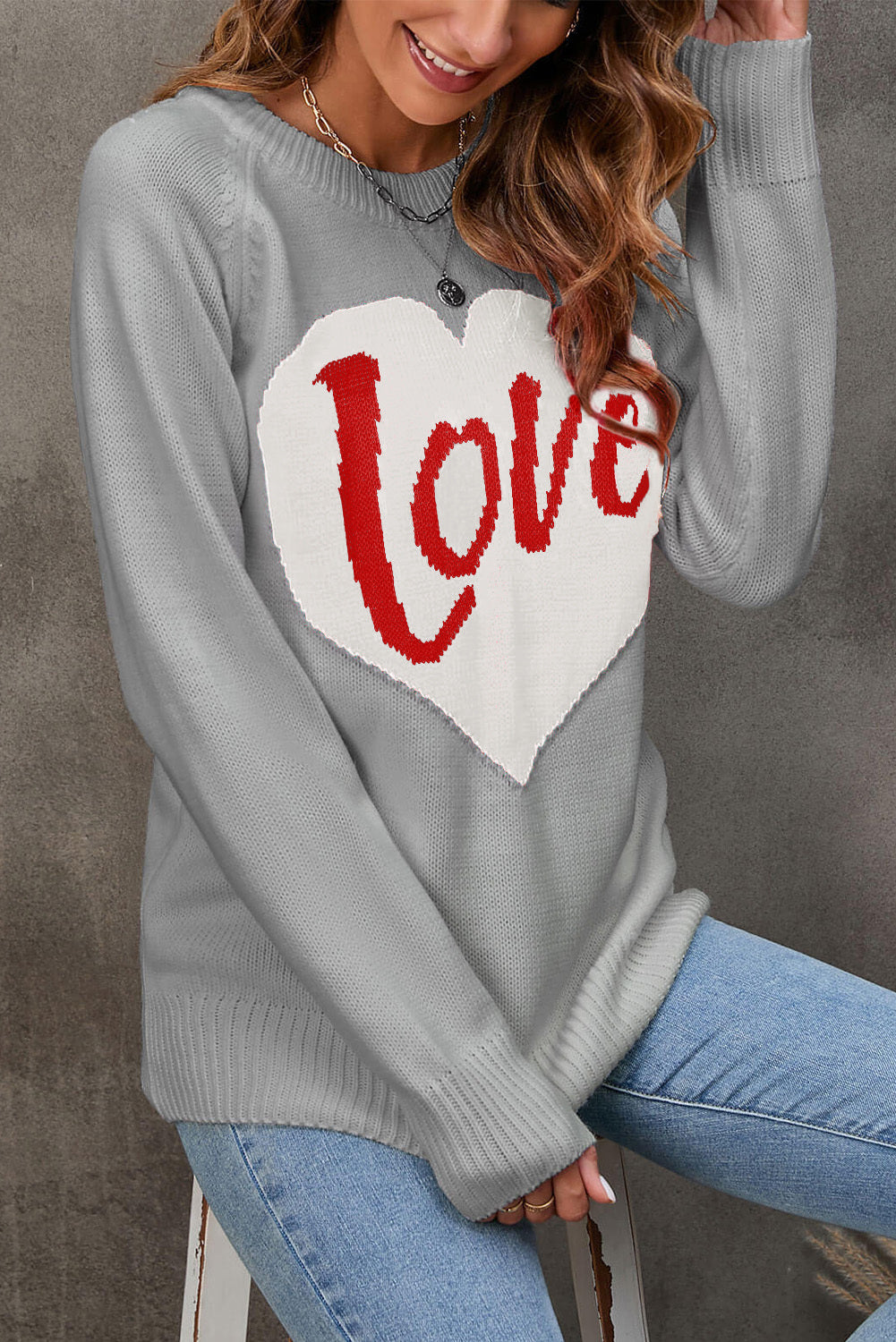 LC2722801-11-S, LC2722801-11-M, LC2722801-11-L, LC2722801-11-XL, Gray Love Heart Graphic Pattern Knit Pullover Sweater for Valentines Day