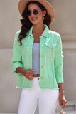 LC8511504-9-S, LC8511504-9-M, LC8511504-9-L, LC8511504-9-XL, LC8511504-9-2XL, Green Women's Jean Jacket Long Sleeve Lapel Distressed Raw Hem Buttons Denim Coat