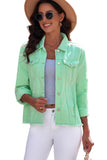 LC8511504-9-S, LC8511504-9-M, LC8511504-9-L, LC8511504-9-XL, LC8511504-9-2XL, Green Women's Jean Jacket Long Sleeve Lapel Distressed Raw Hem Buttons Denim Coat