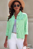 LC8511504-9-S, LC8511504-9-M, LC8511504-9-L, LC8511504-9-XL, LC8511504-9-2XL, Green Women's Jean Jacket Long Sleeve Lapel Distressed Raw Hem Buttons Denim Coat