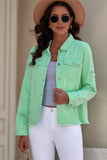 LC8511504-9-S, LC8511504-9-M, LC8511504-9-L, LC8511504-9-XL, LC8511504-9-2XL, Green Women's Jean Jacket Long Sleeve Lapel Distressed Raw Hem Buttons Denim Coat